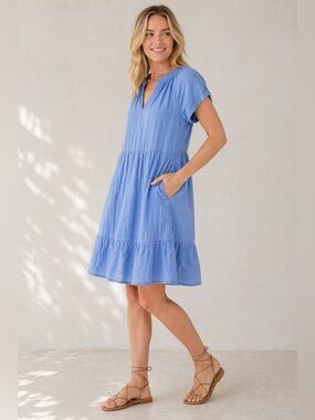 PACT Coastal Throw-and-Go Dress Double Gauze Cotton Periwinkle Size Small